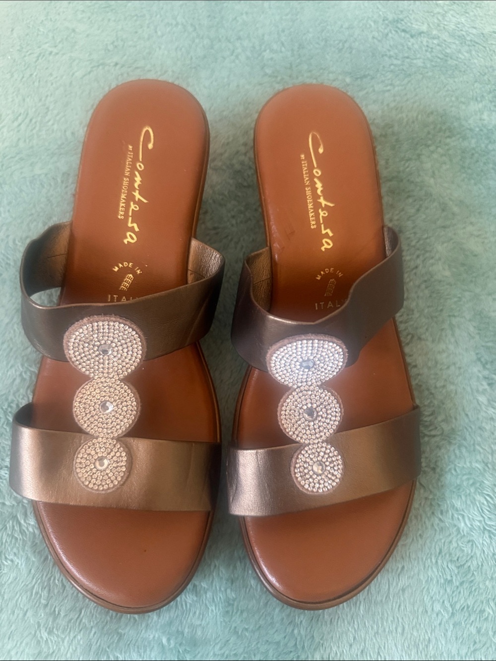 Comfortiva Bronze Slide Sandals with Crystal Medallions